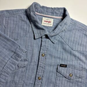Wrangler Western Pearl Snap Mens XL Chambray Herringbone Short Sleeve Shirt Blue